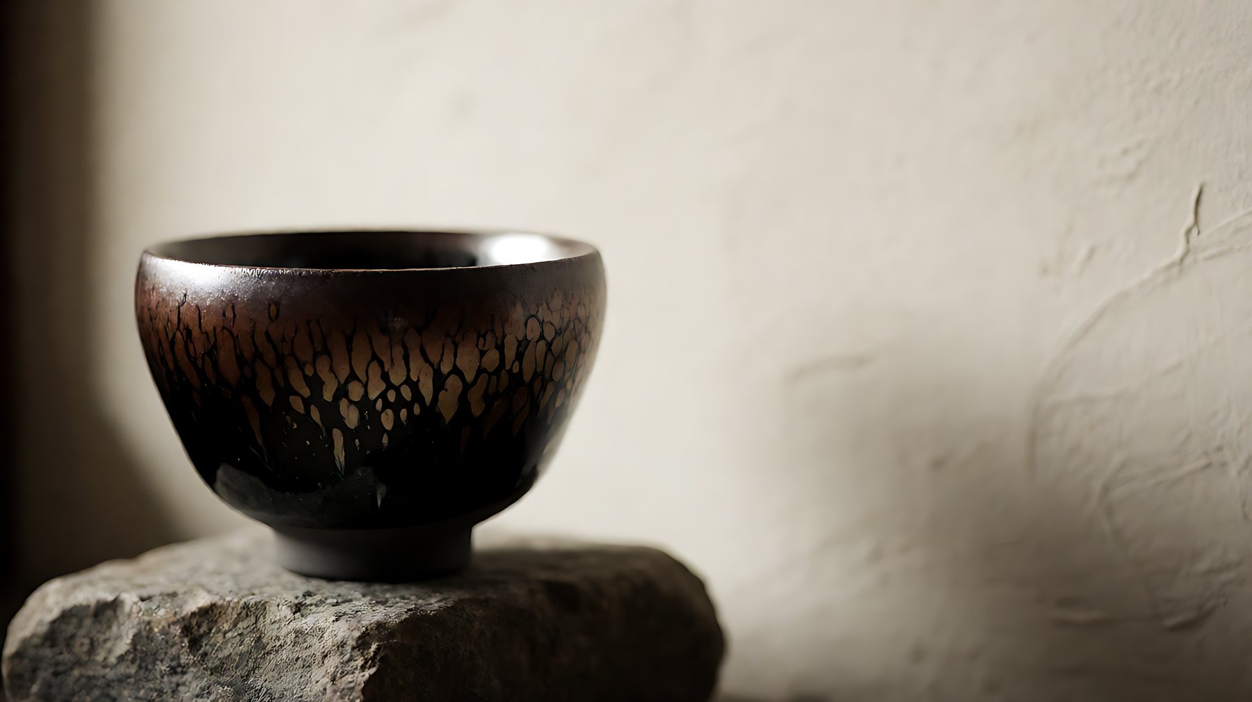 A tenmoku bowl and a bodhi mala on stone